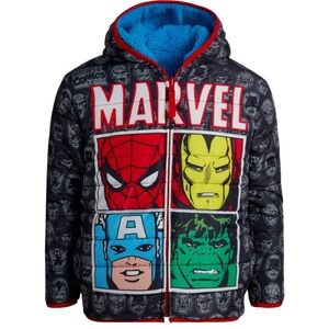 MARVEL Sherpa Reversible Jacket Coat Blue Hooded Boys Size 6 Hulk Spider-Man